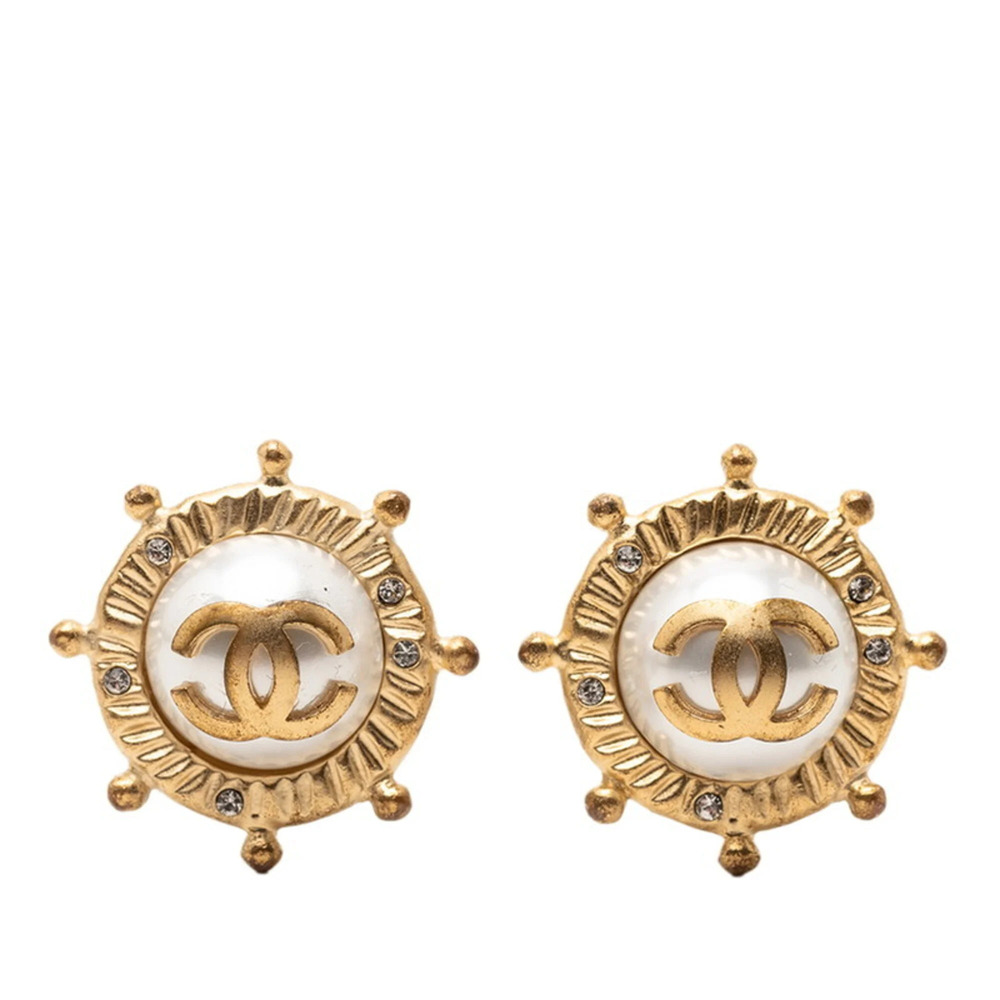 CHANEL Gold Pearl Logo Earrings